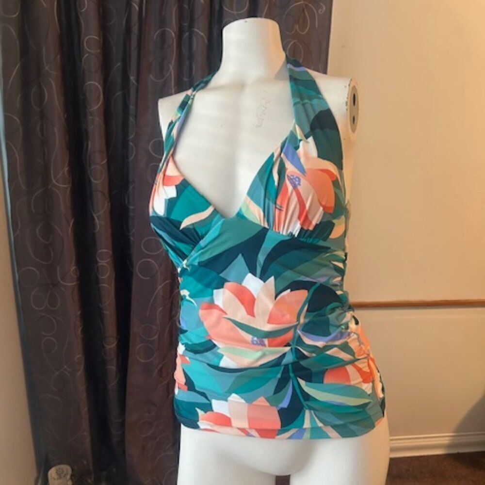 Apt 9 Green/Orange/White Floral tie swim tankini, size S